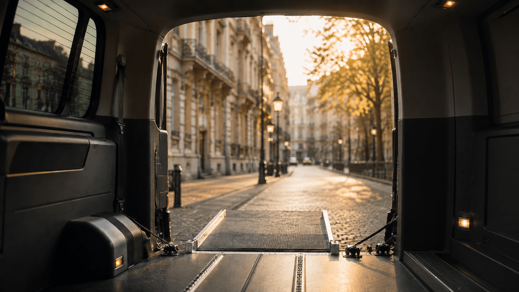 Vue depuis l'intérieur d'un van adapté, rampe déployée, vers une rue de Bruxelles dorée au coucher de soleil